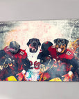 Custom canvas featuring three dogs in red and white football jerseys, ready for the game.