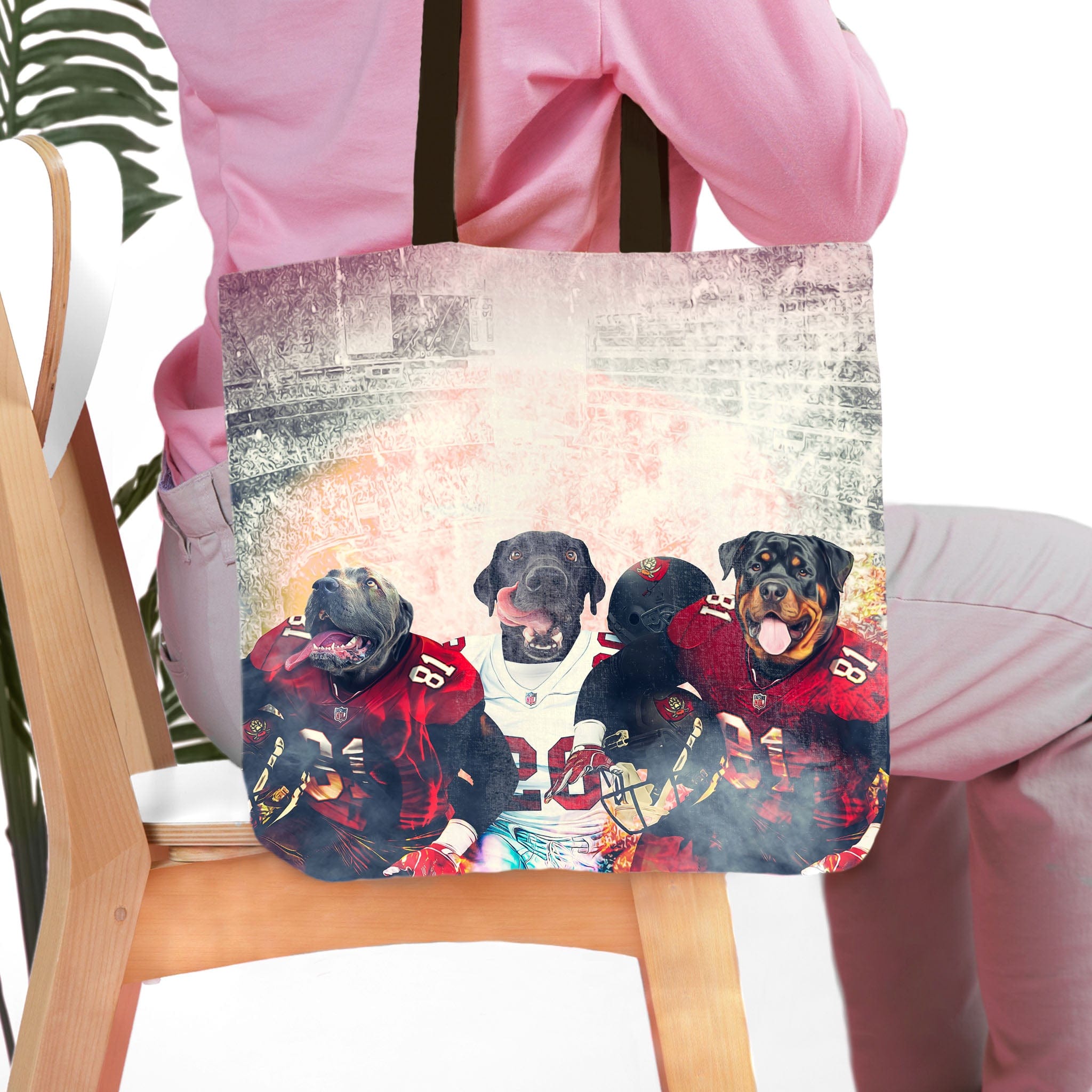 Personalized 3 pet tote bag featuring dogs in football uniforms, "Tampa Bay Doggos" style.