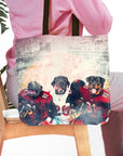 Personalized 3 pet tote bag featuring dogs in football uniforms, "Tampa Bay Doggos" style.