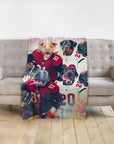 Personalized 4-pet blanket with dogs in football jerseys, draped on a gray sofa.