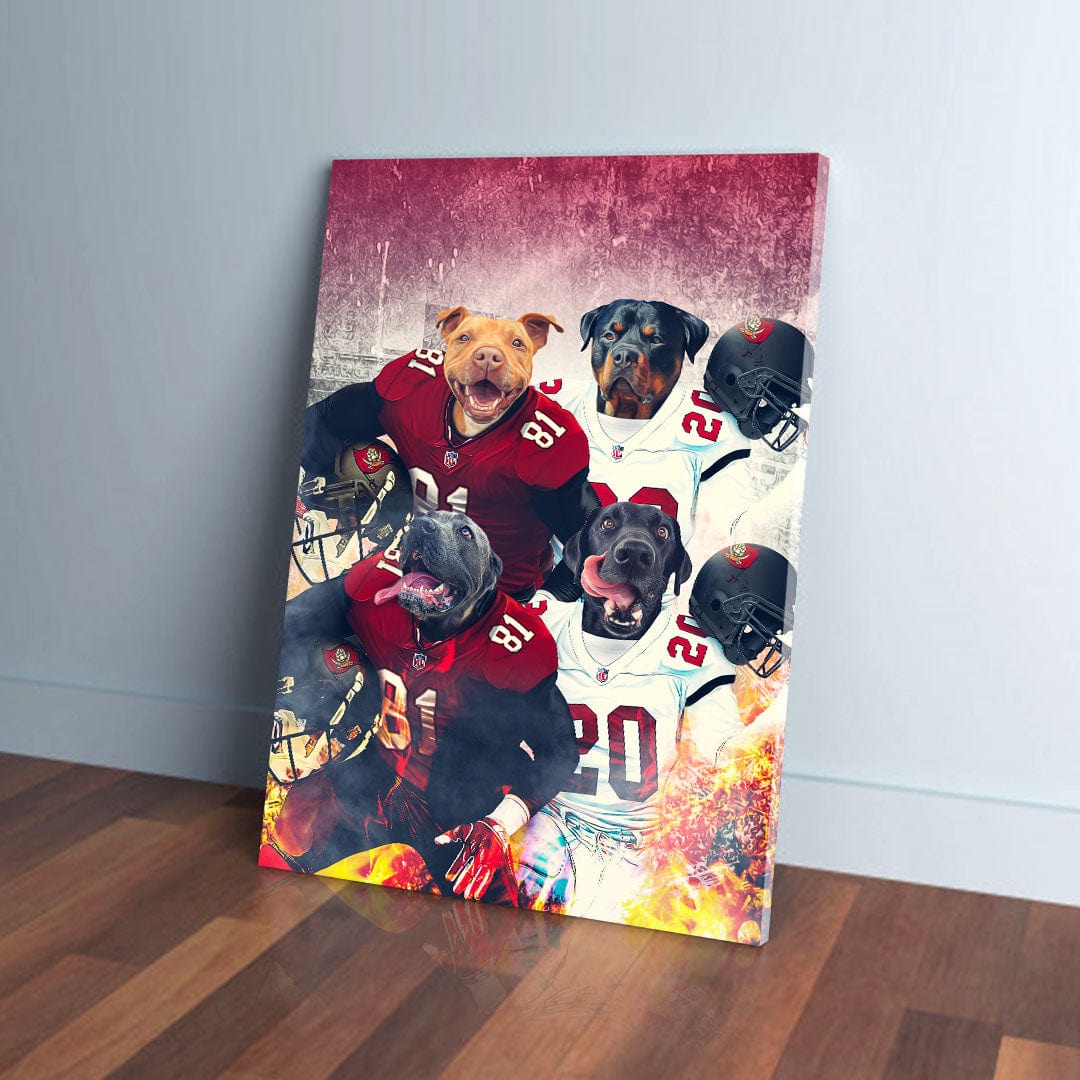 Personalized 'Tampa Bay Doggos' 4 pet canvas featuring dogs in football uniforms.