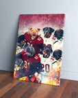 Personalized 'Tampa Bay Doggos' 4 pet canvas featuring dogs in football uniforms.