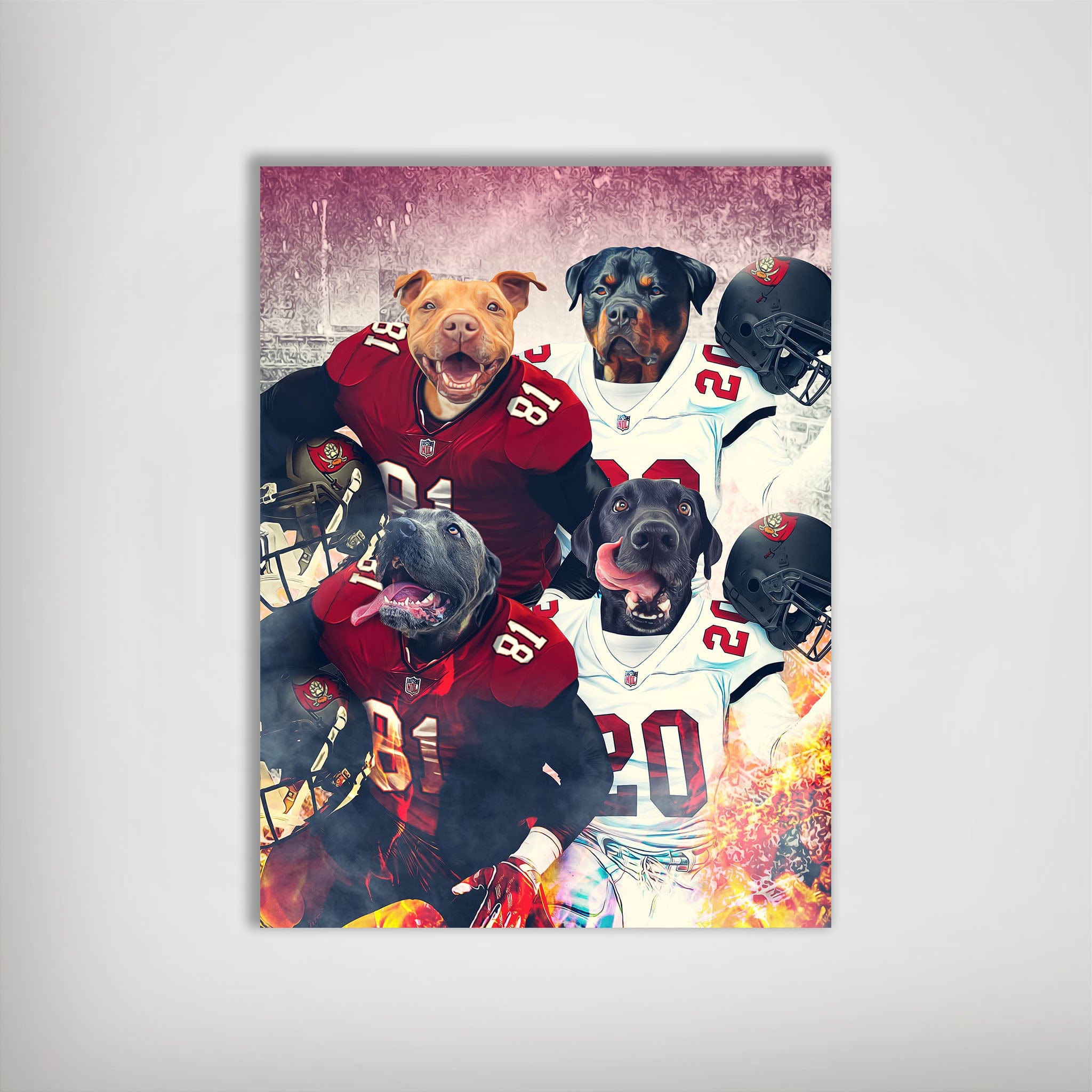 Personalized 'Tampa Bay Doggos' poster featuring four pets in red and white football jerseys.