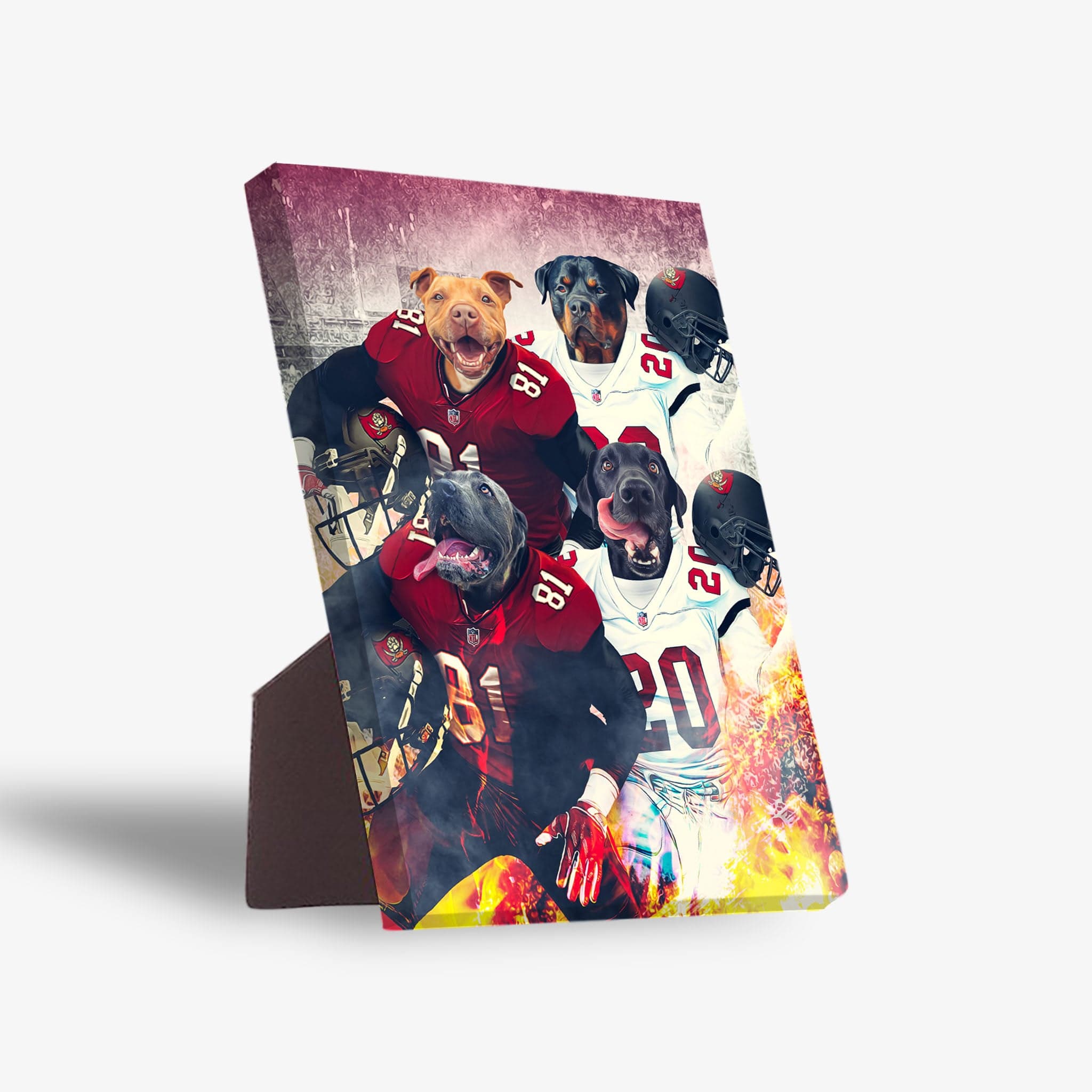 Personalized 'Tampa Bay Doggos' standing canvas with four pets in football uniforms.