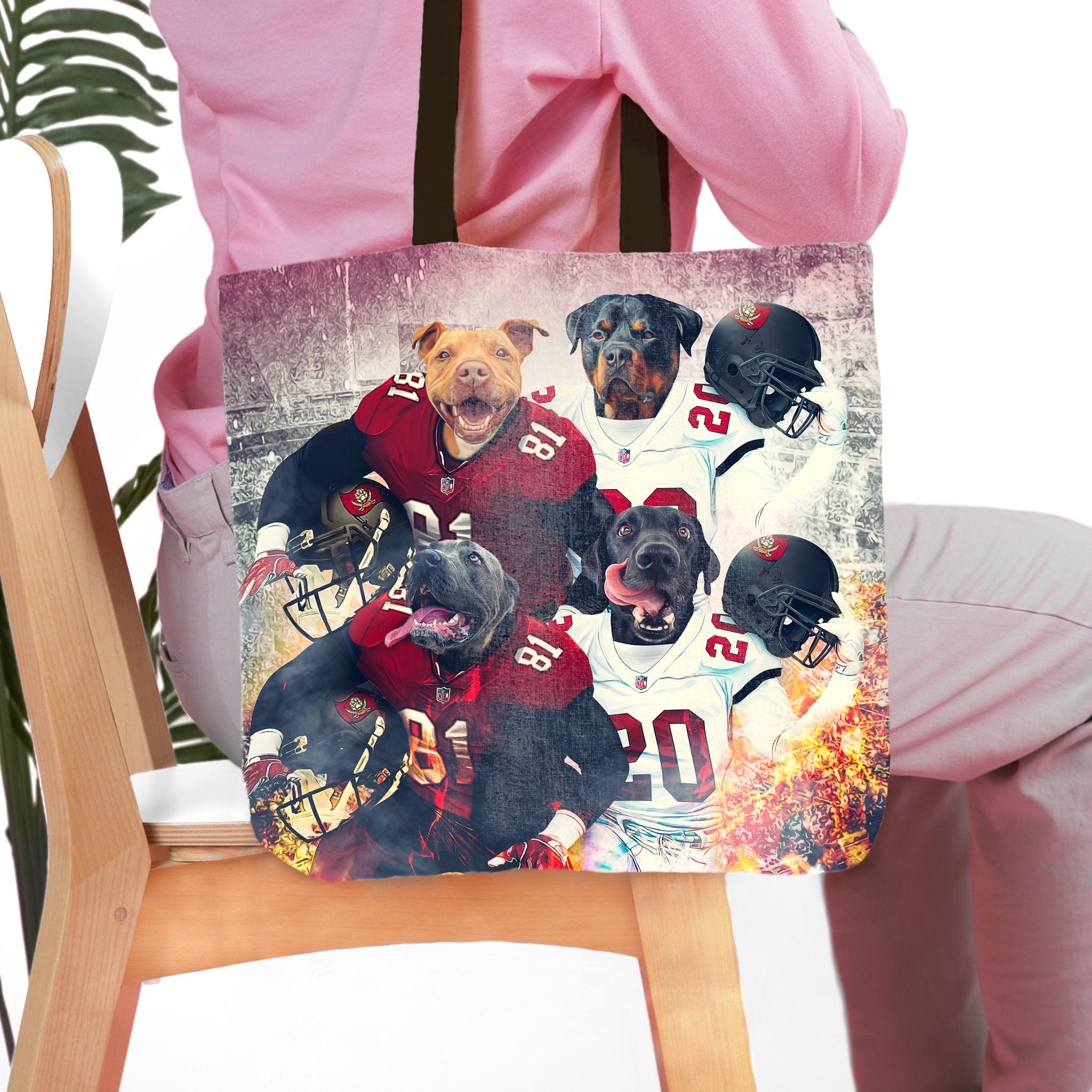 Personalized Tampa Bay Doggos 4-pet tote bag with dogs in football uniforms.