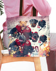 Personalized Tampa Bay Doggos 4-pet tote bag with dogs in football uniforms.
