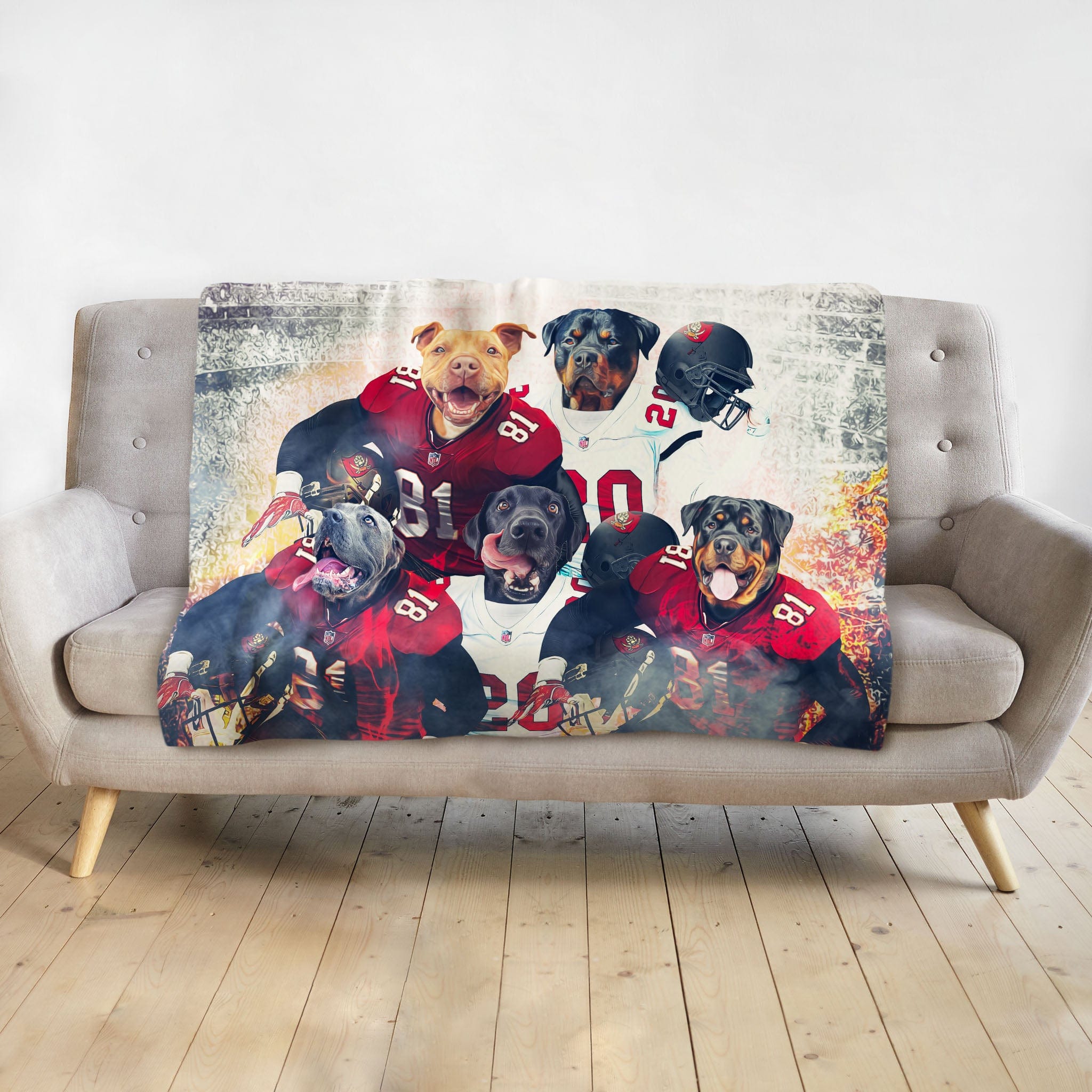 Personalized 5-pet blanket with dogs in football uniforms, red and white jerseys.