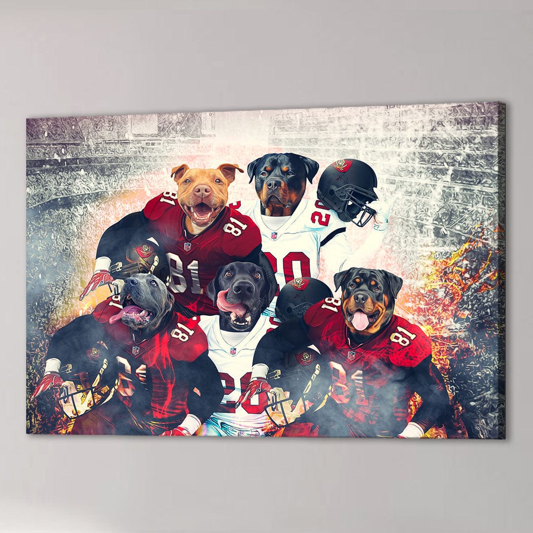 Personalized canvas featuring five dogs in Tampa Bay Doggos football uniforms against a stadium backdrop.
