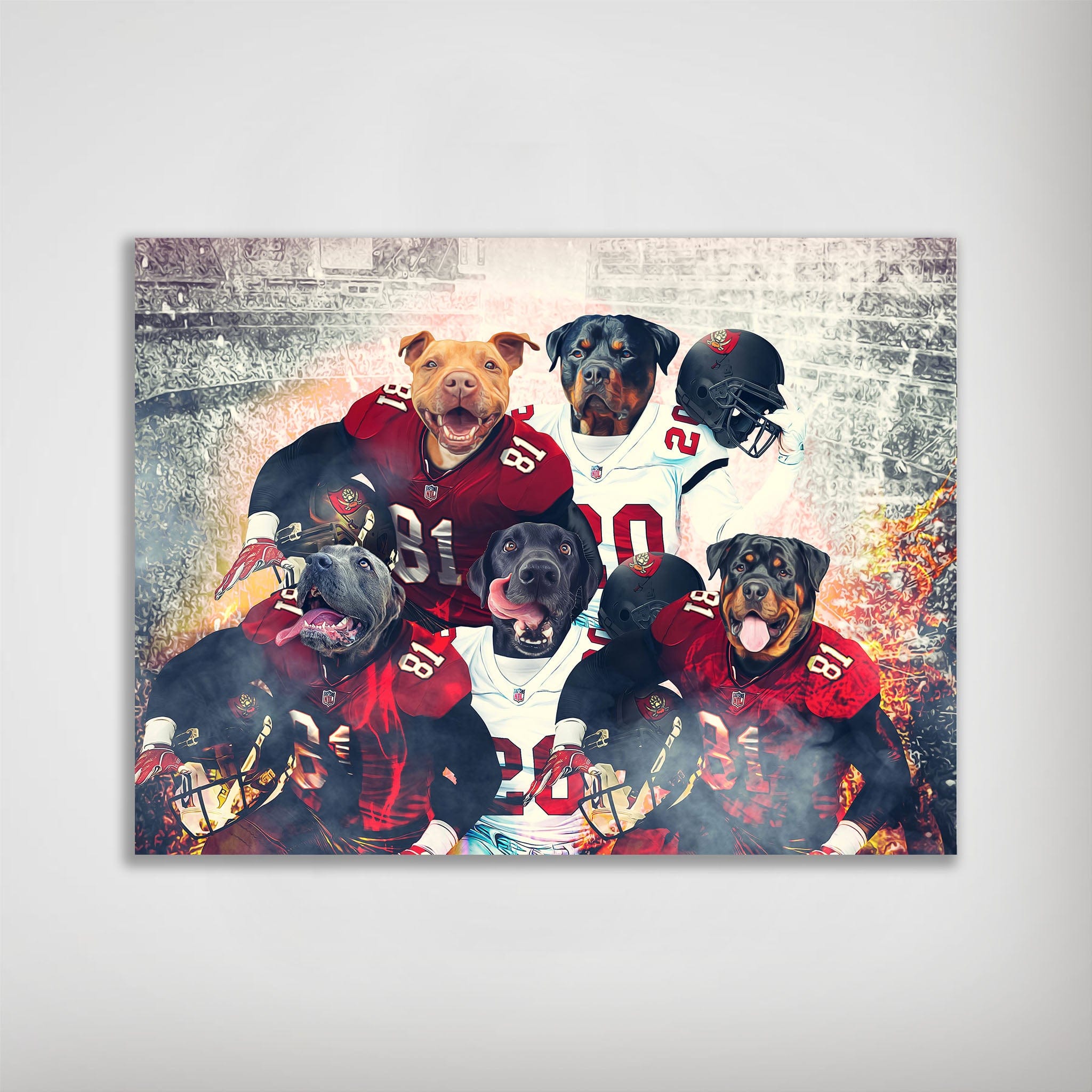 Personalized 5-pet poster featuring dogs in red and white football jerseys with helmets.