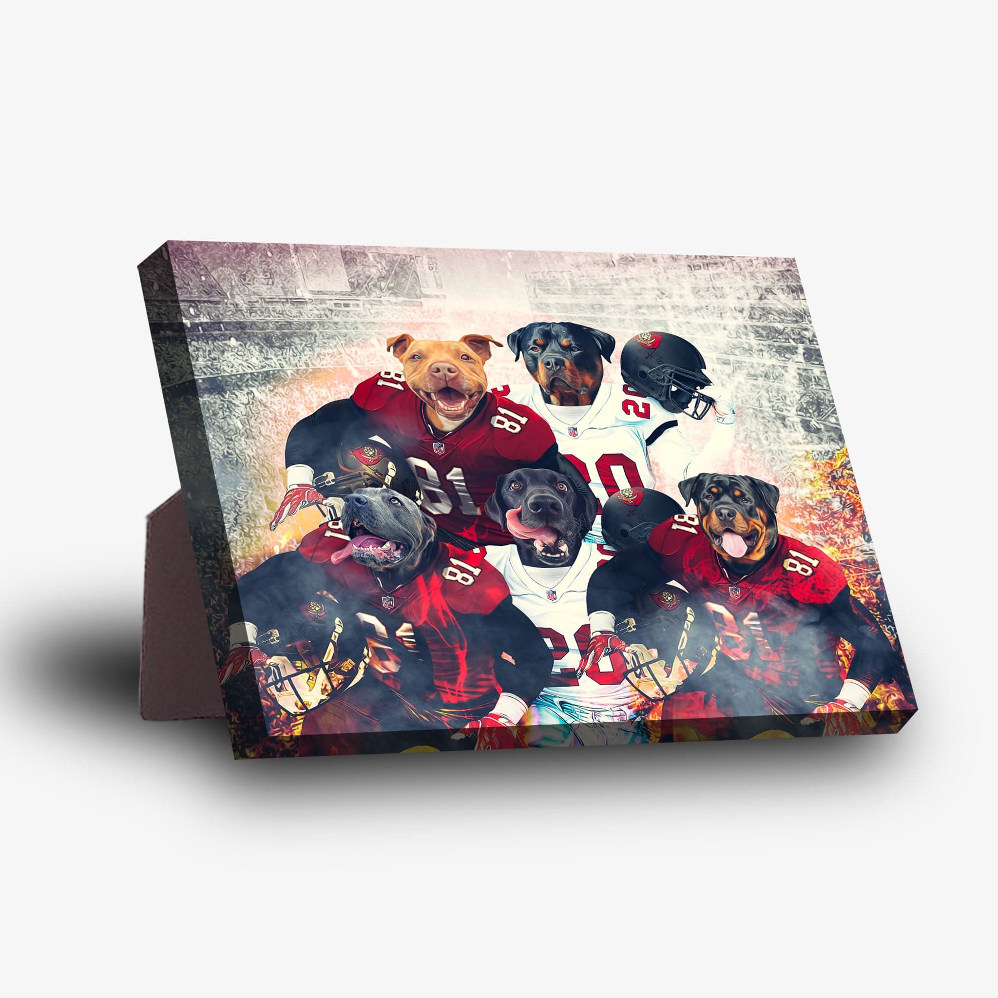 Personalized 5 pet standing canvas featuring dogs in football uniforms against a grunge background.