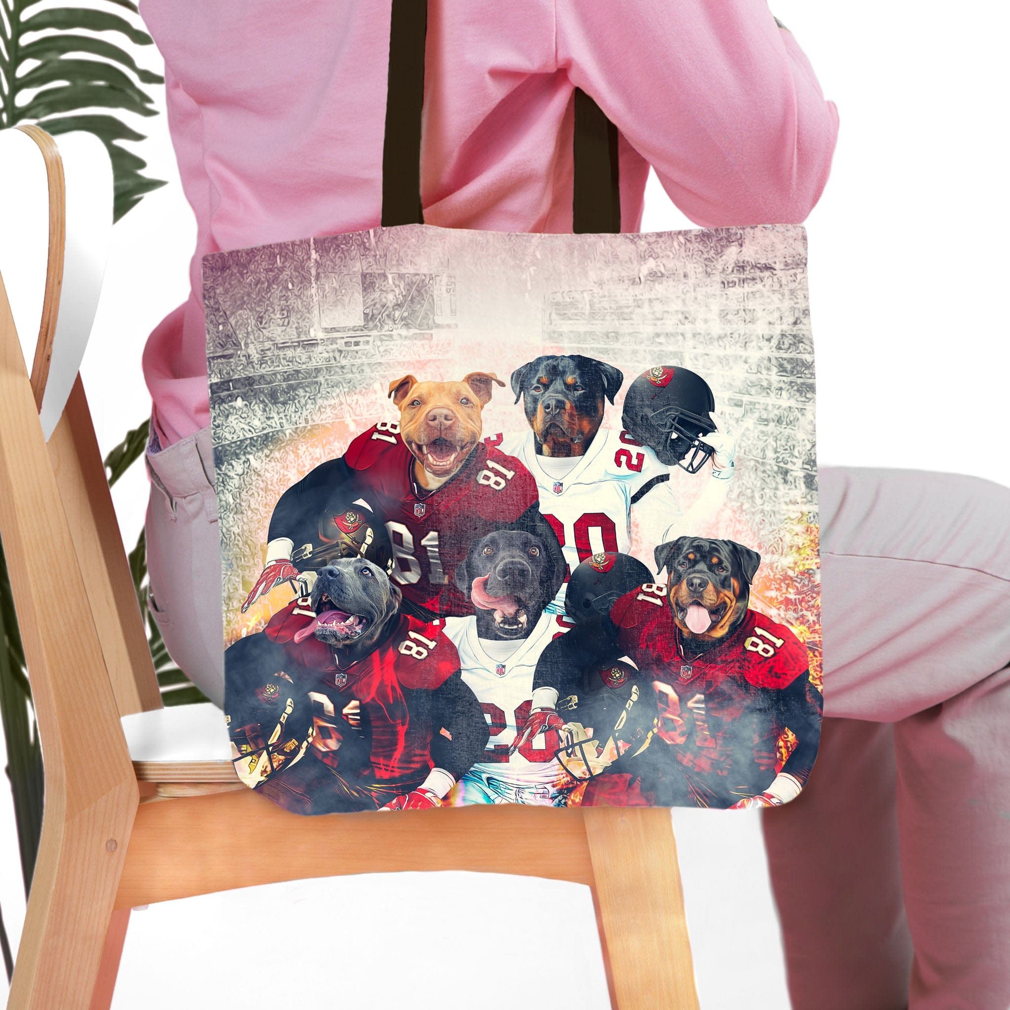 Personalized 5-pet tote bag with dogs in football uniforms, Tampa Bay Doggos style.