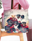 Personalized 5-pet tote bag with dogs in football uniforms, Tampa Bay Doggos style.