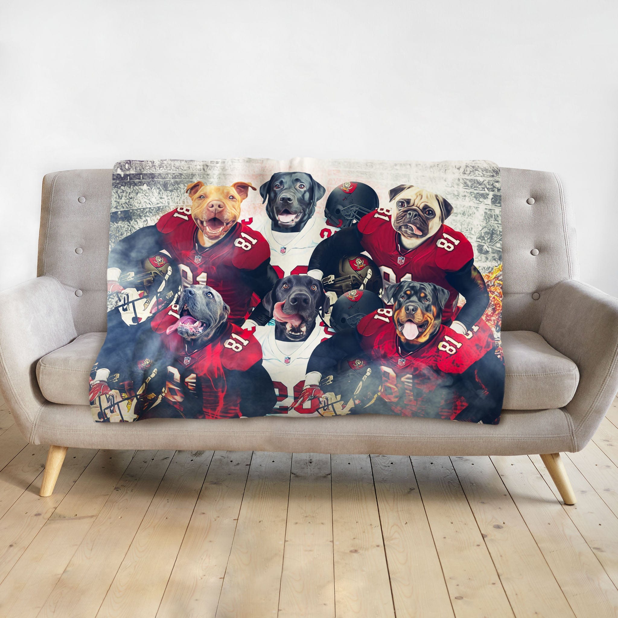 Personalized 6-pet blanket with dogs in red football uniforms, a Doggovinci portrait style.