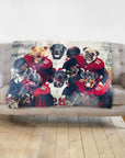 Personalized 6-pet blanket with dogs in red football uniforms, a Doggovinci portrait style.
