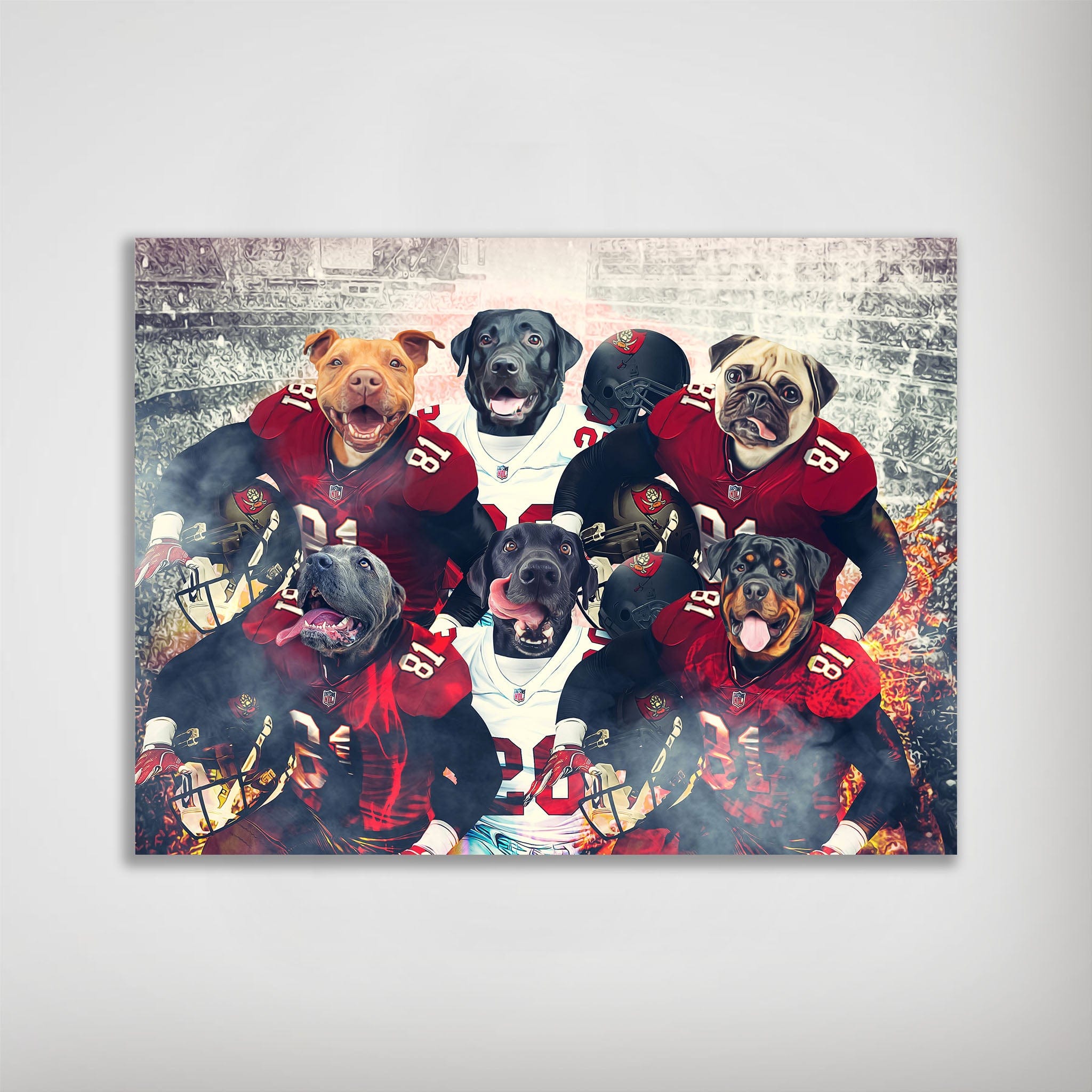 Personalized 'Tampa Bay Doggos' 6-pet poster featuring dogs in red and white football uniforms.