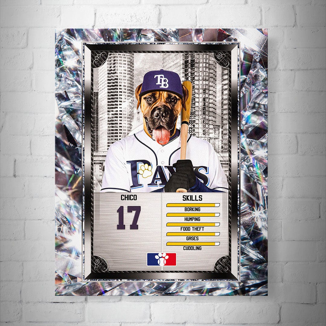 Personalized 8x10" Tampa Bay Paws pet baseball trading card poster featuring a boxer dog in a uniform.