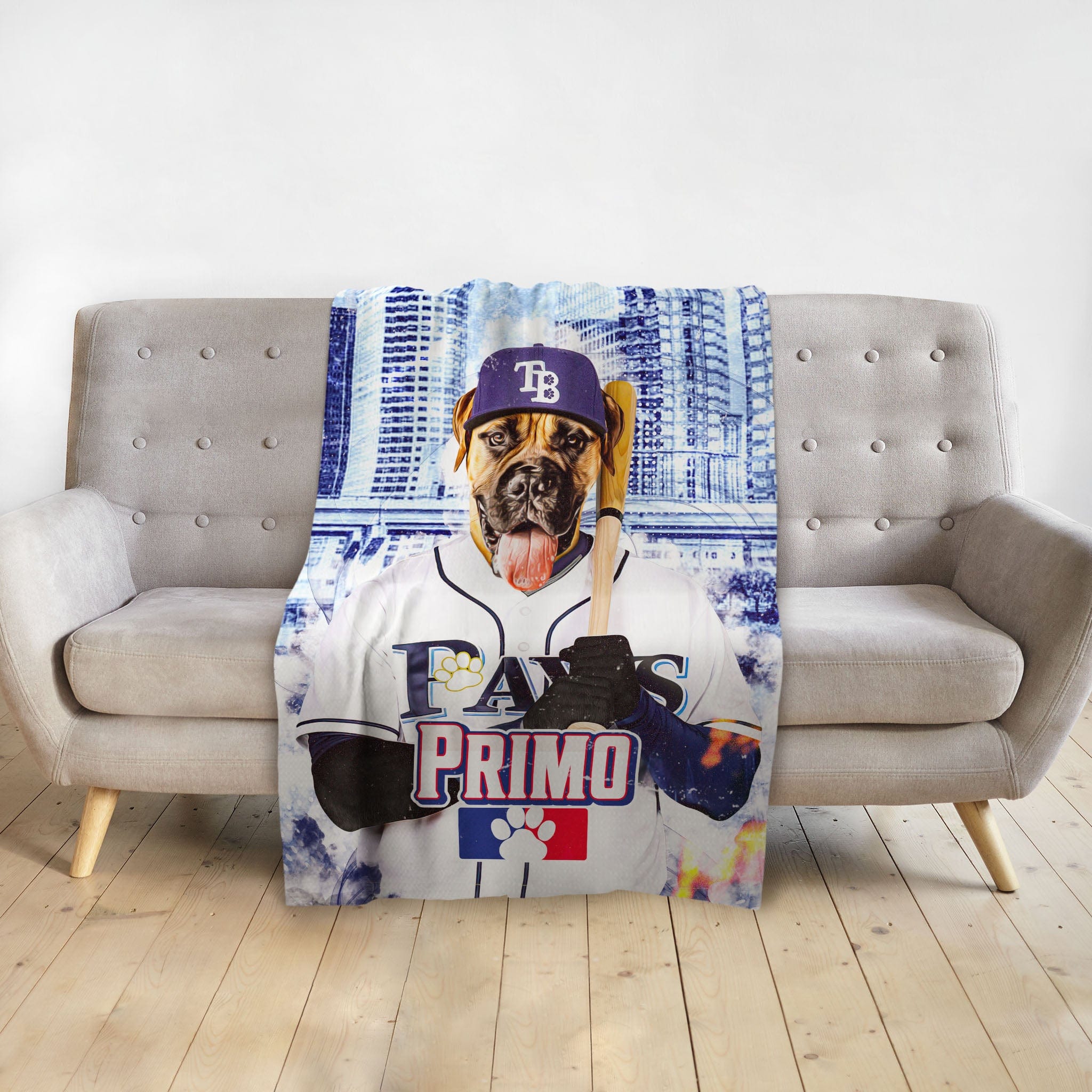 Custom personalized pet blanket with a dog in a baseball uniform, holding a bat, against a city skyline.