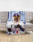 Custom personalized pet blanket with a dog in a baseball uniform, holding a bat, against a city skyline.