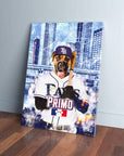 Personalized pet canvas featuring a Boxer dog in a Tampa Bay Rays baseball uniform against a city skyline.