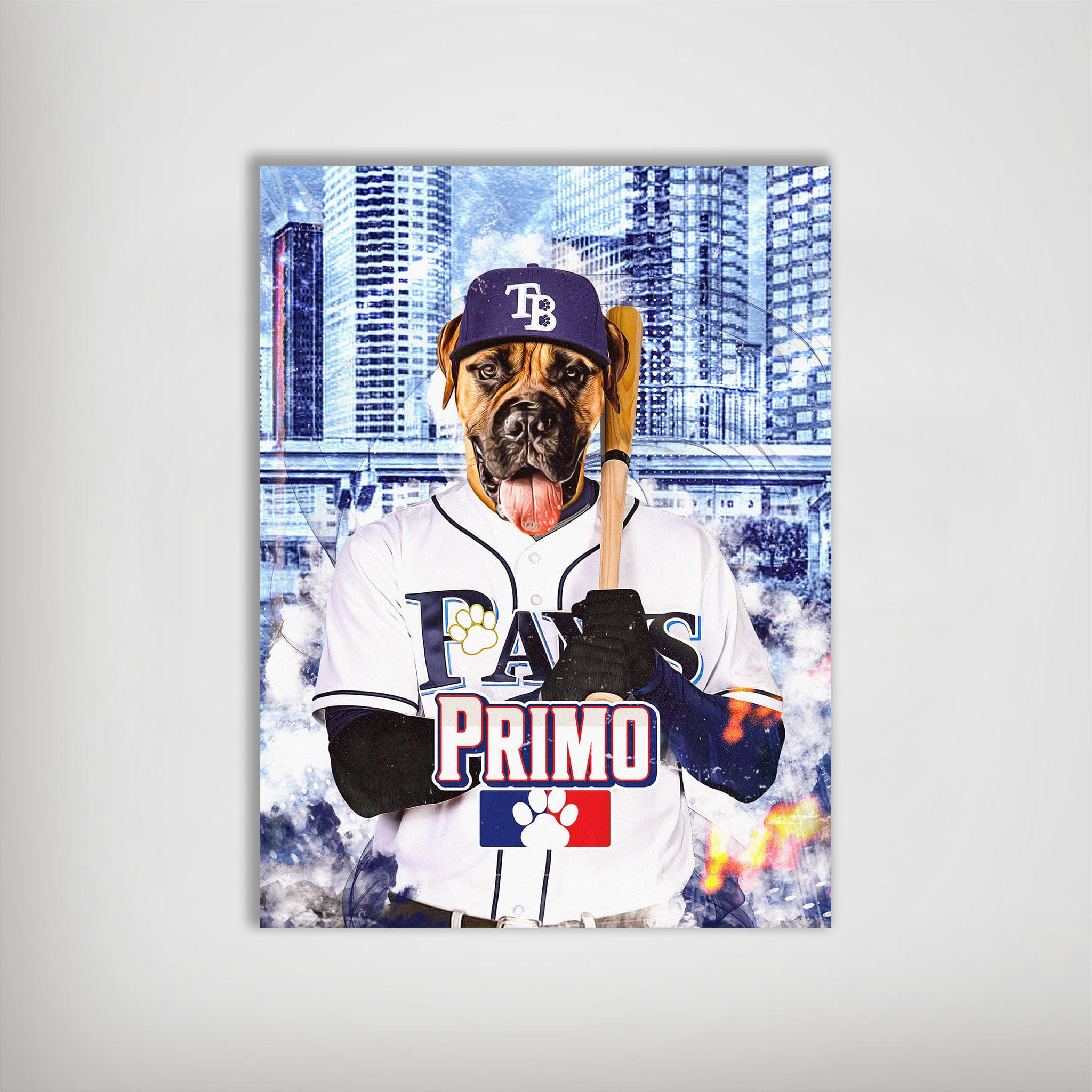 Personalized pet poster featuring a boxer dog in a Tampa Bay Rays baseball uniform with a city background.