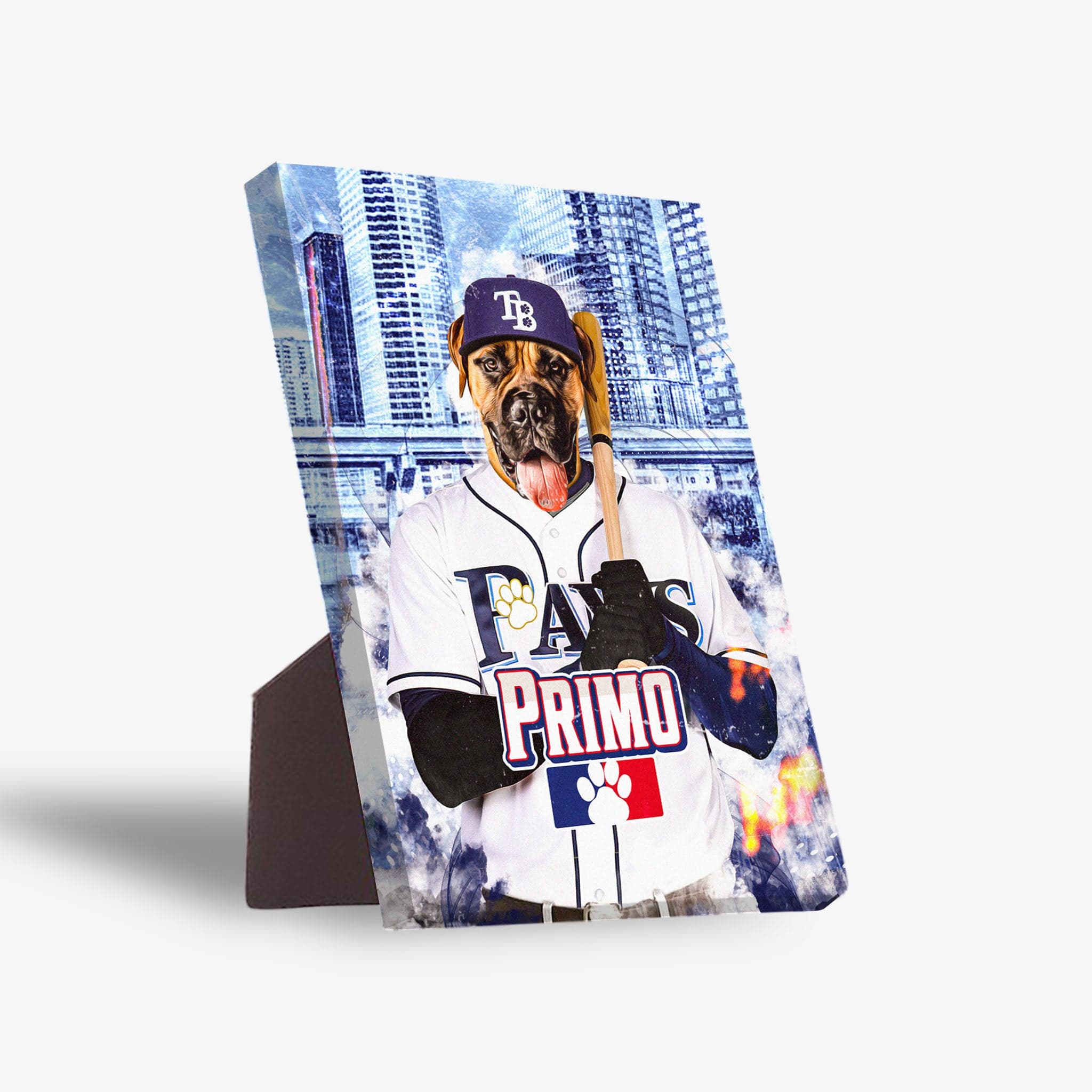 Personalized pet portrait canvas featuring a dog in a Tampa Bay Rays baseball uniform, holding a bat, with a city background.