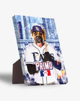 Personalized pet portrait canvas featuring a dog in a Tampa Bay Rays baseball uniform, holding a bat, with a city background.