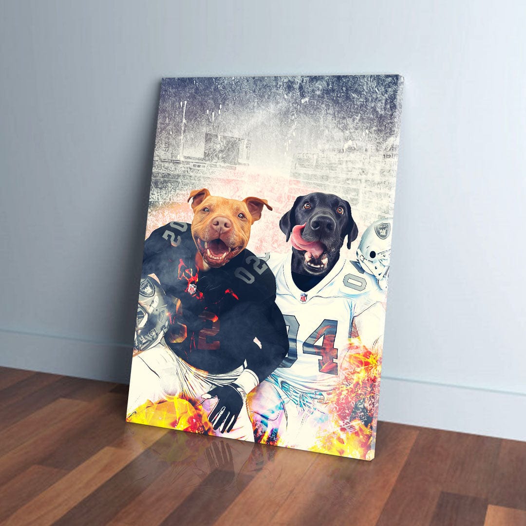 Personalized canvas featuring two dogs in football jerseys, a brown pitbull and a black lab, with a grunge background.