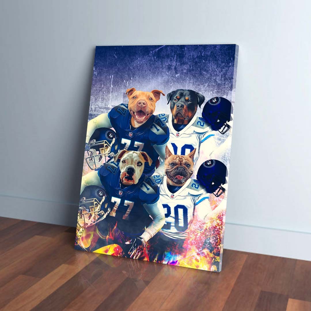 Custom 4-pet canvas featuring dogs in blue and white football uniforms with helmets, on a fiery, distressed background.