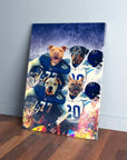 Custom 4-pet canvas featuring dogs in blue and white football uniforms with helmets, on a fiery, distressed background.