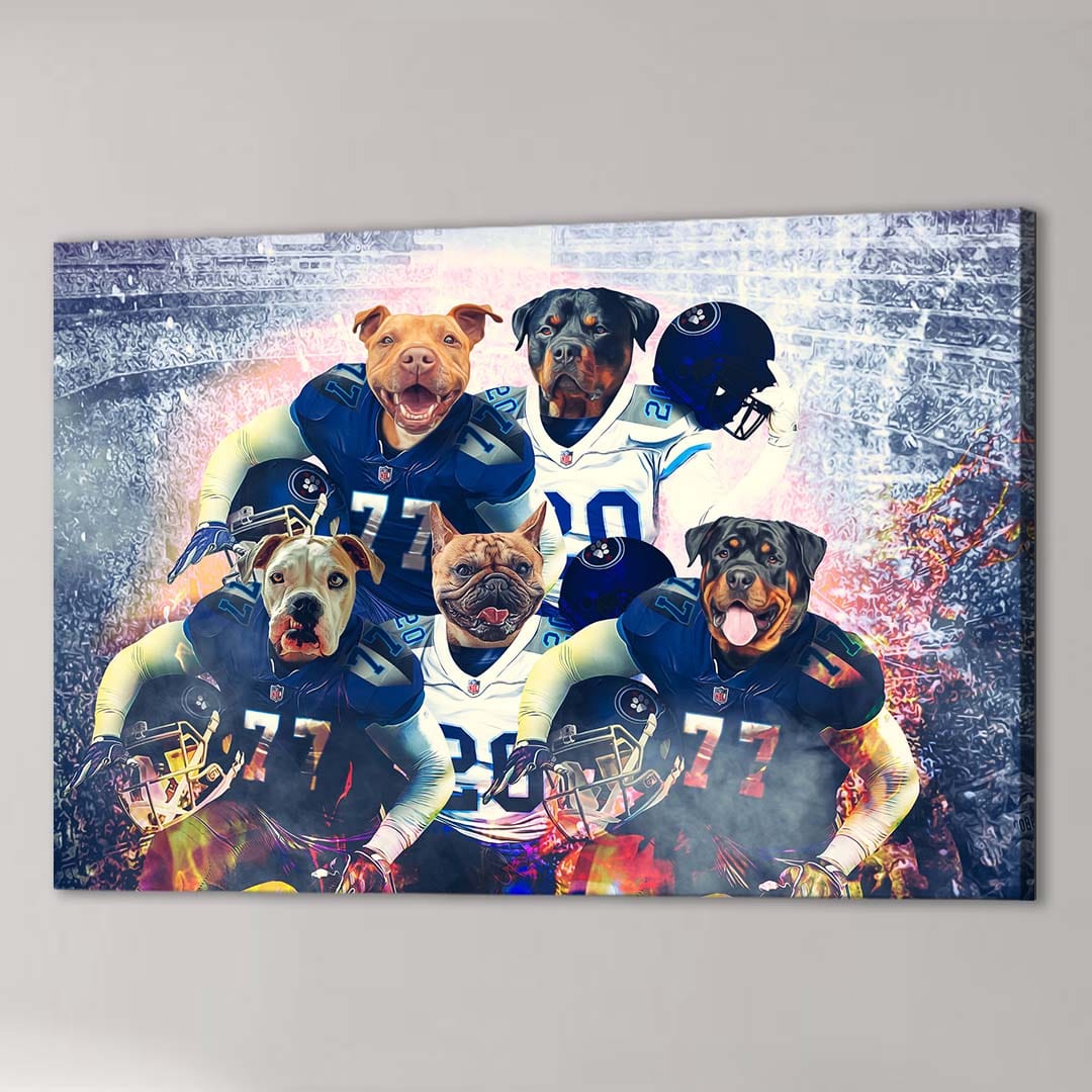 Custom 'Tennessee Doggos' canvas featuring five pets as football players in blue and white jerseys.
