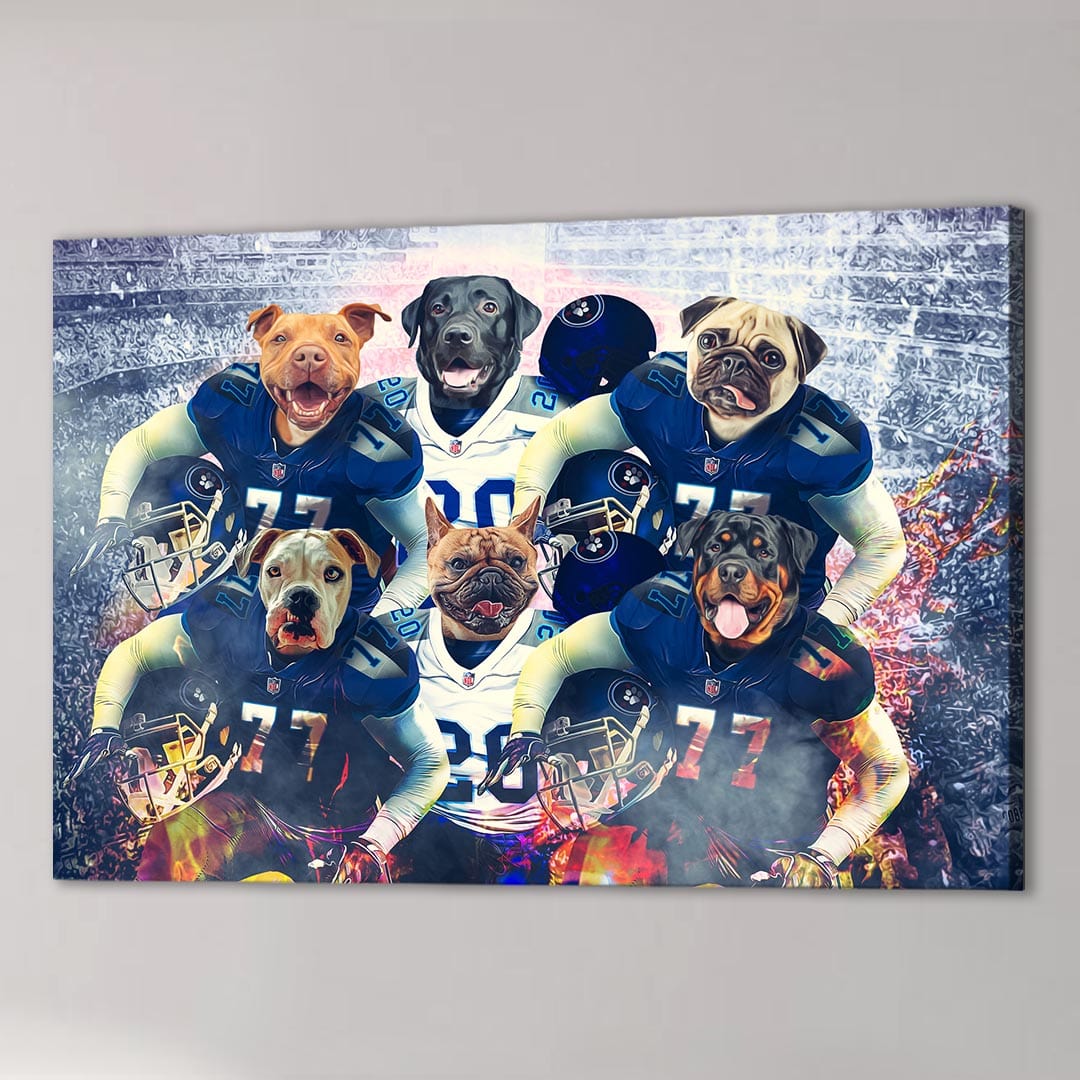 Custom canvas featuring six dogs as football players in blue and white jerseys with helmets.