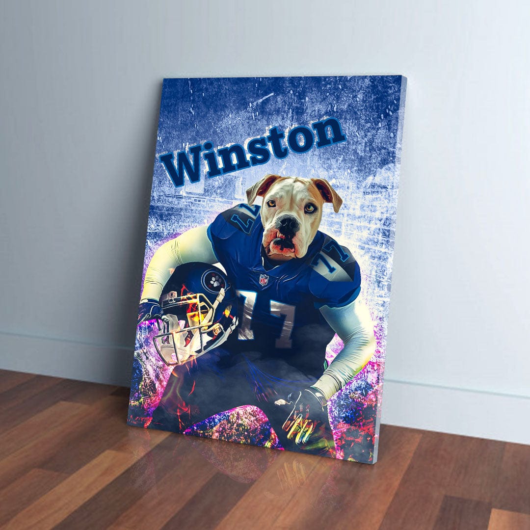 Personalized pet canvas featuring a bulldog's head on a football player's body, with "Winston" text.