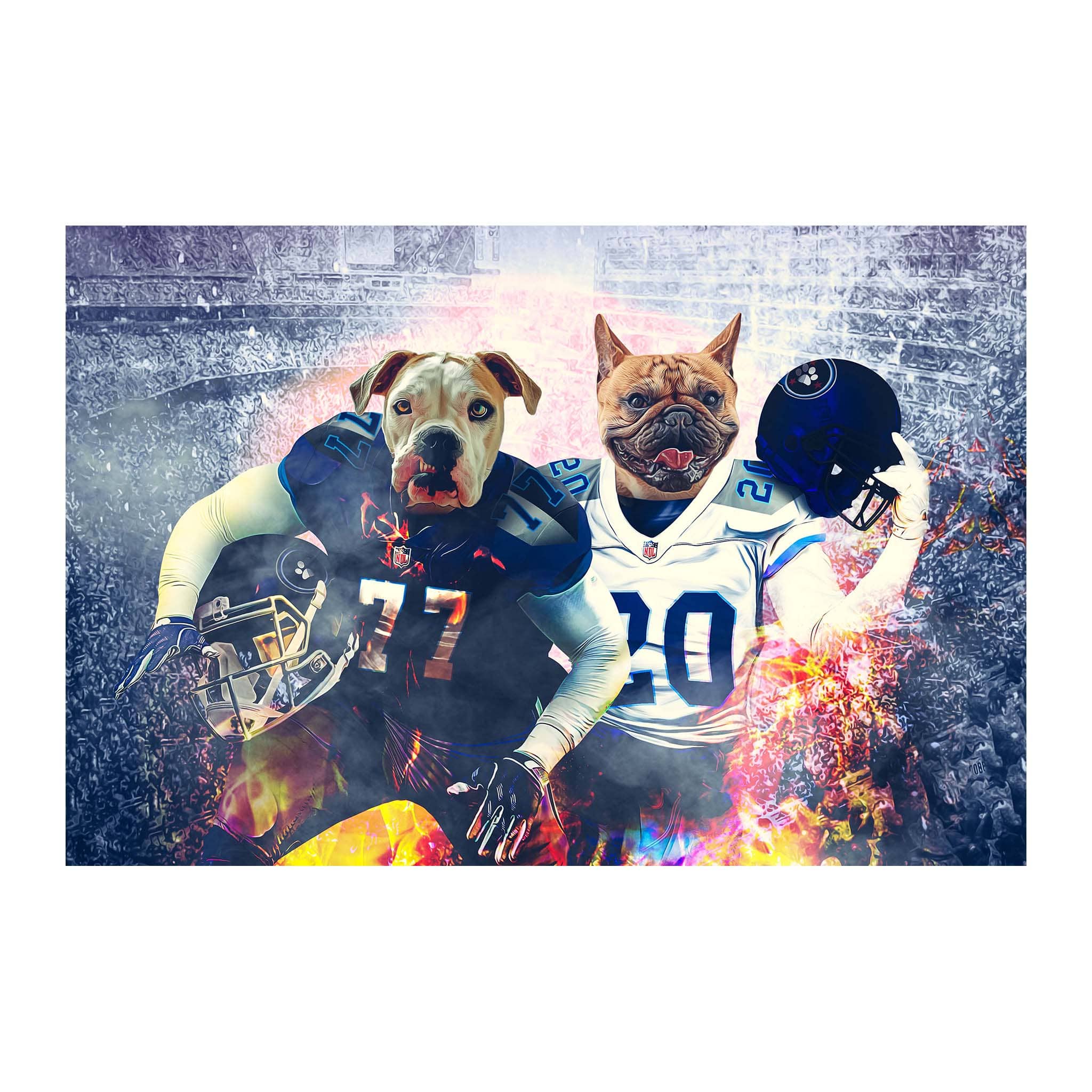 Custom digital portrait of two dogs as football players in a stadium, one in blue, one in white.