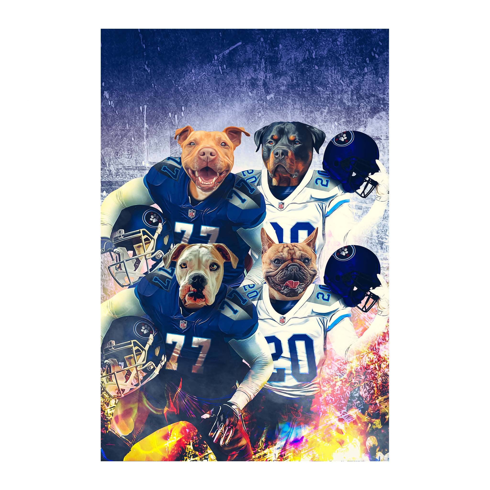 Custom 4 pet digital portrait of dogs in blue and white football uniforms.