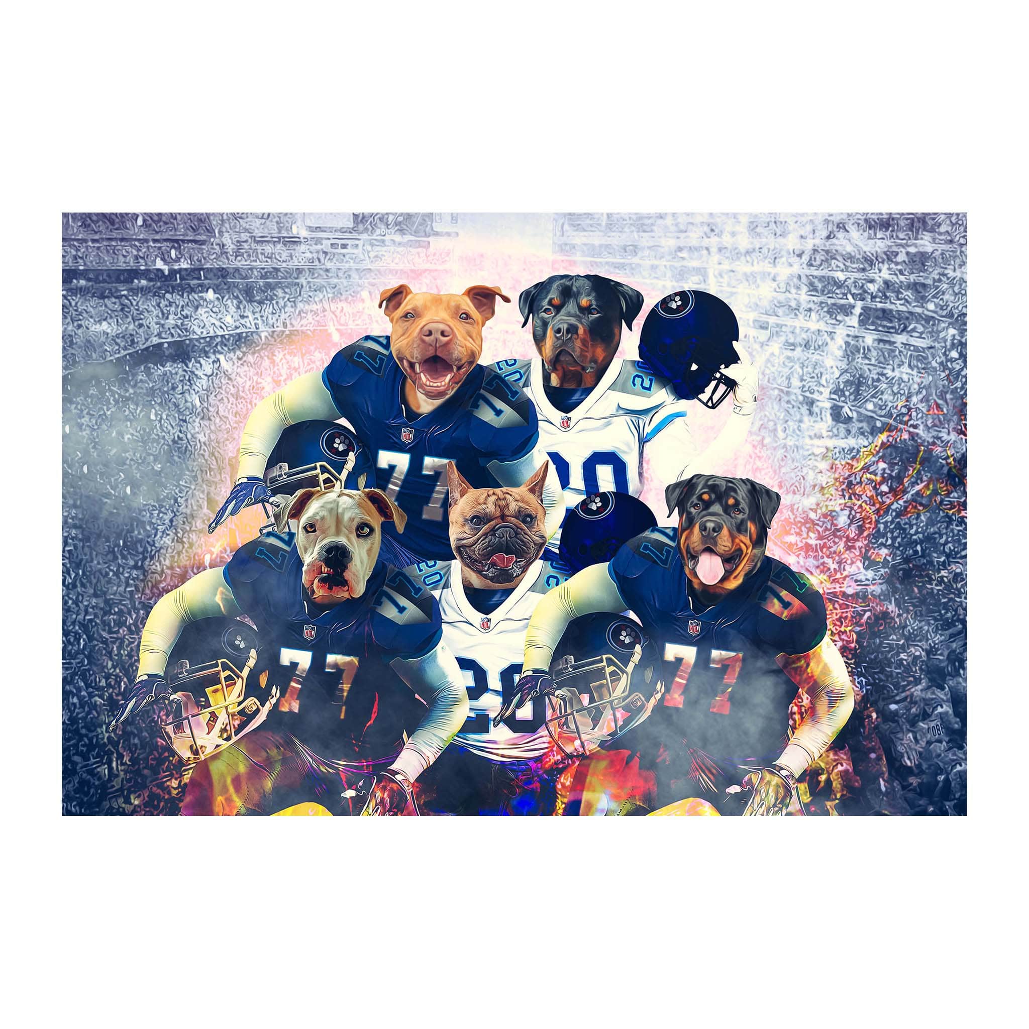 Custom digital portrait of 5 pets as football players in a stadium.