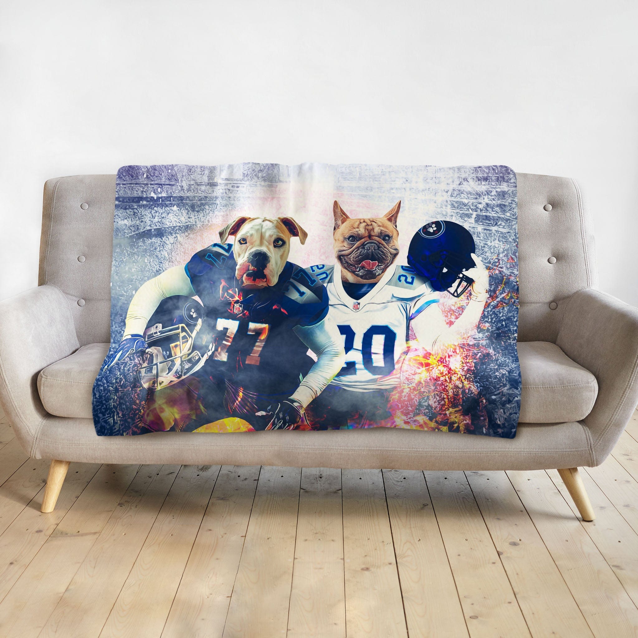 Personalized 2-pet blanket featuring dogs in football uniforms with a smoky, vibrant background.