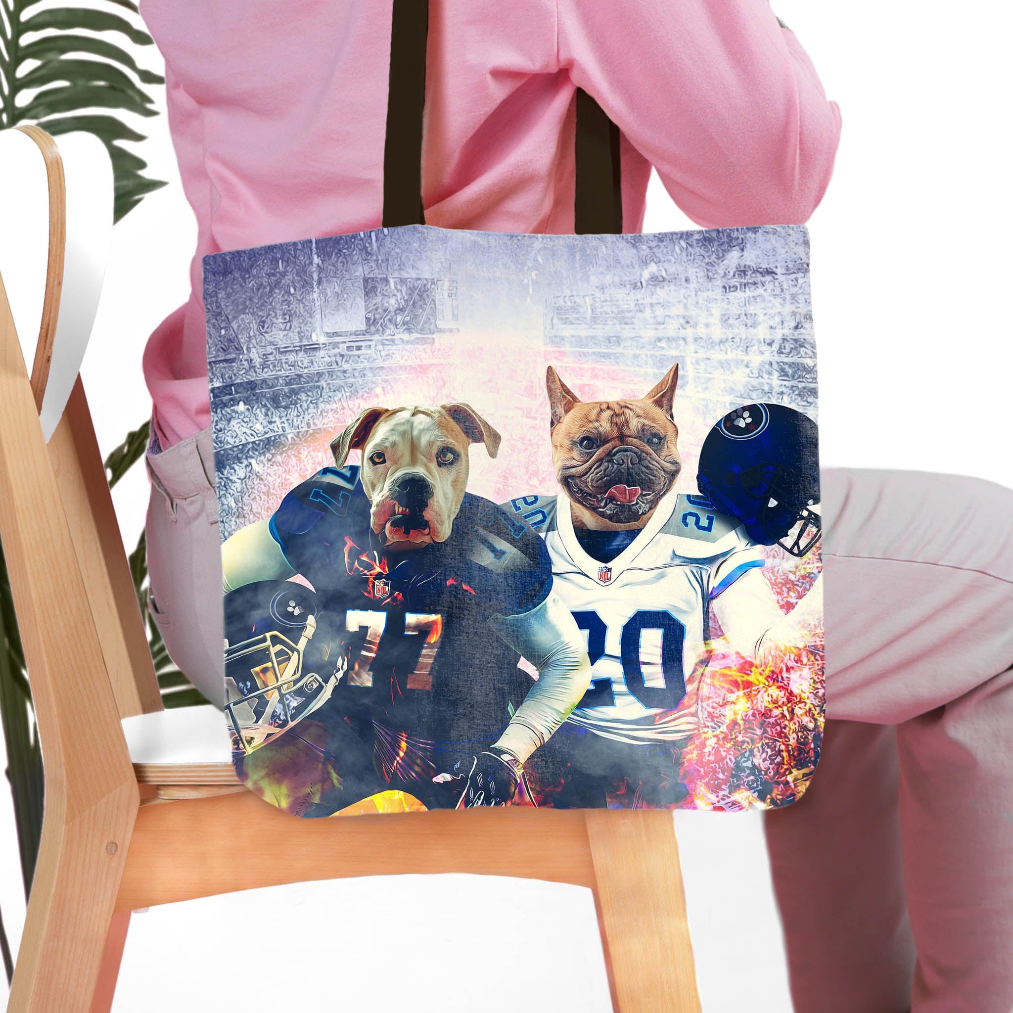 Personalized 2-pet tote bag with dogs in football uniforms.