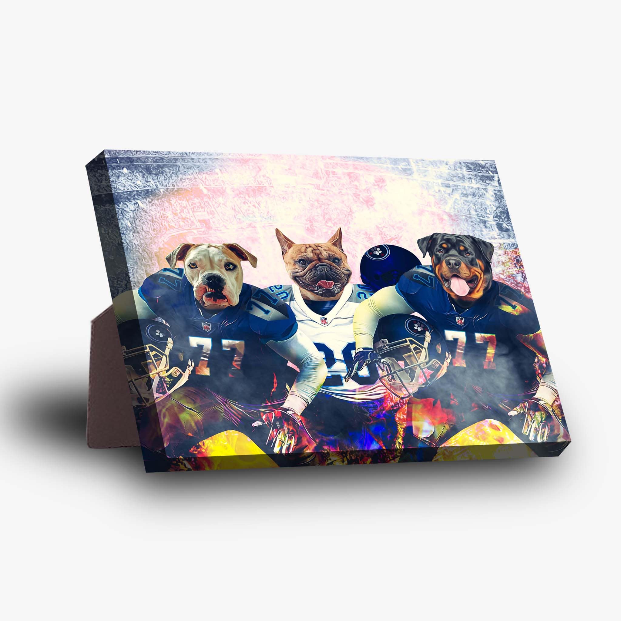 Personalized 3-pet standing canvas featuring dogs in blue and white football uniforms.