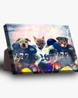 Personalized 3-pet standing canvas featuring dogs in blue and white football uniforms.