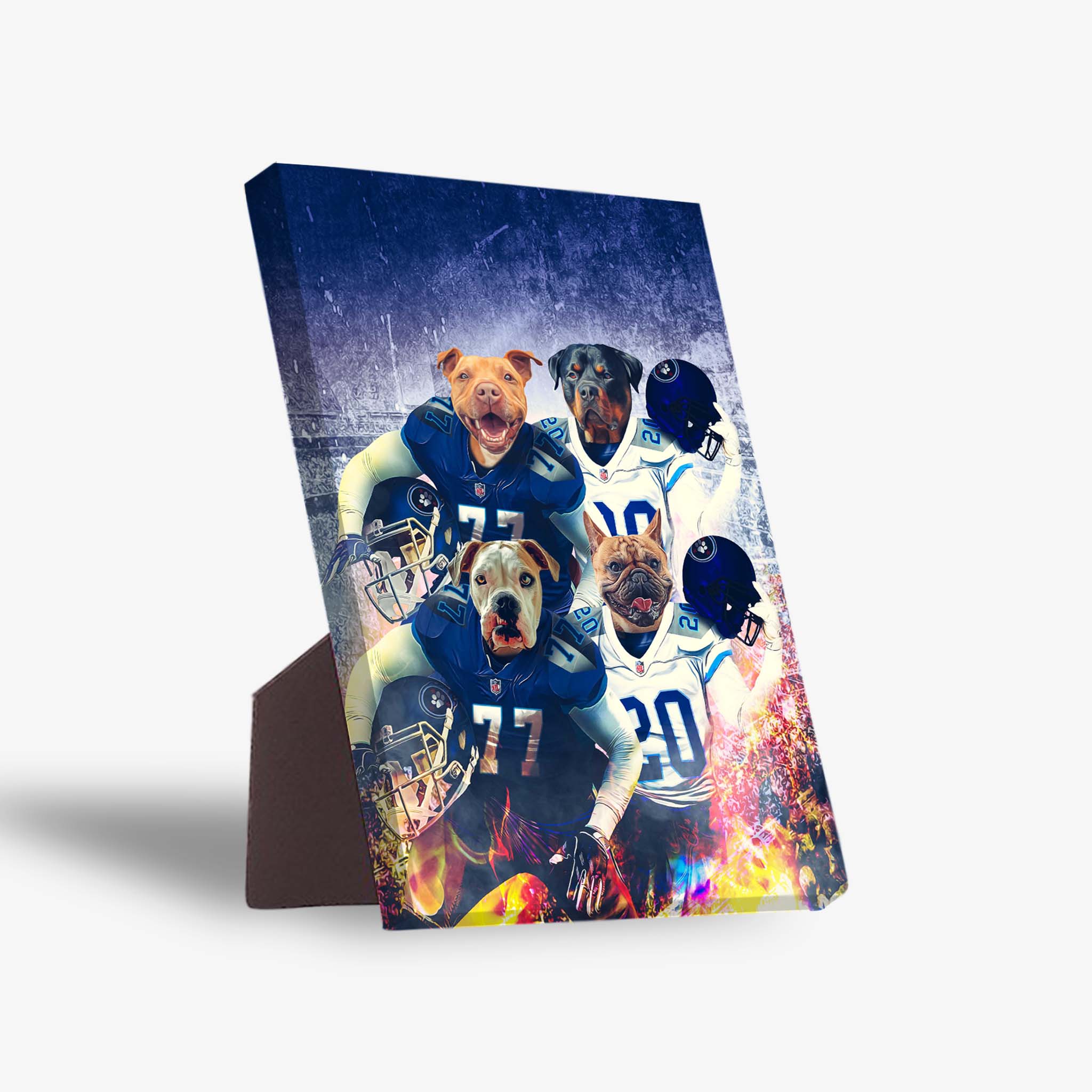 Personalized 'Tennessee Doggos' standing canvas featuring four pets in football jerseys with a blue background.