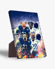 Personalized 'Tennessee Doggos' standing canvas featuring four pets in football jerseys with a blue background.