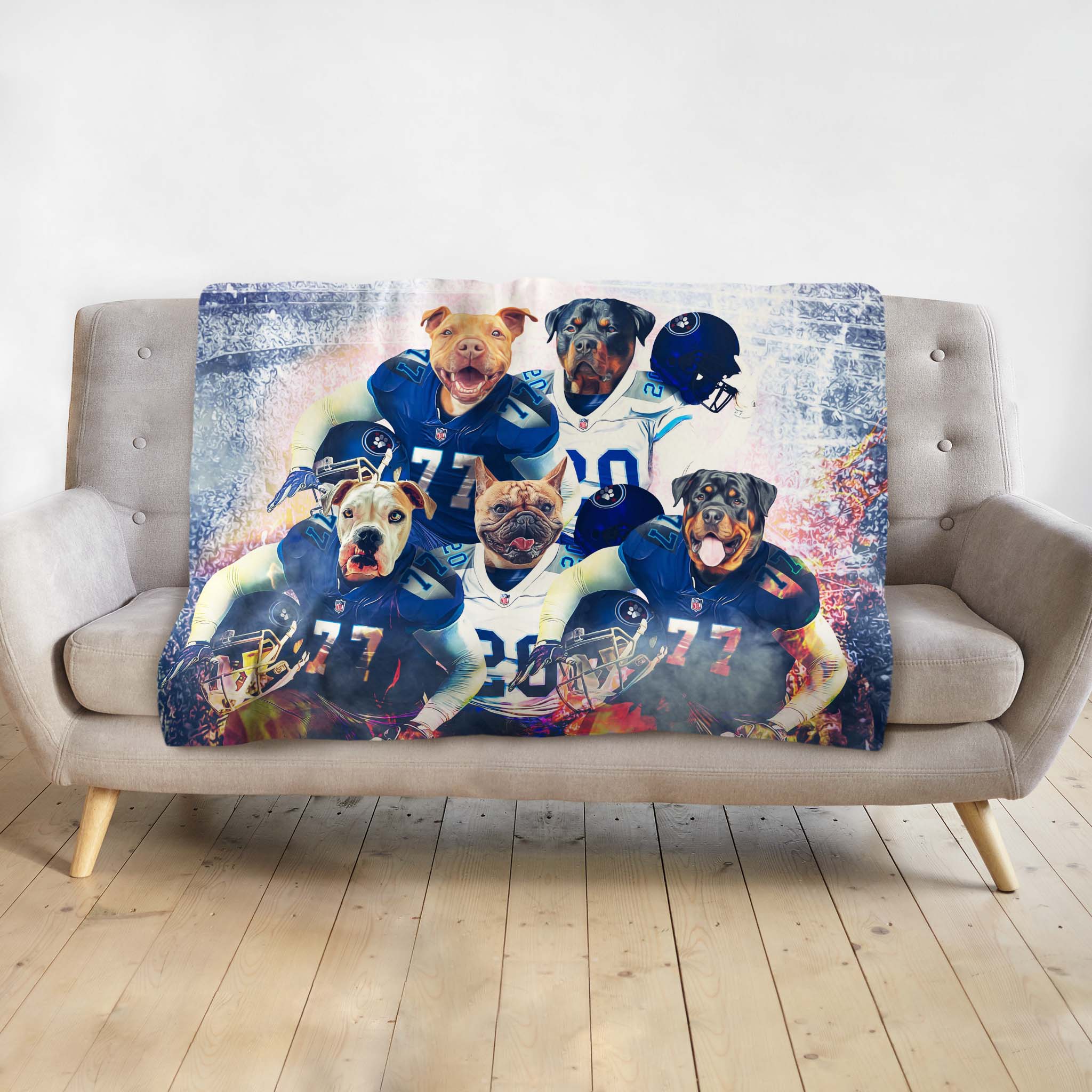 Personalized blanket with five dogs dressed as football players in blue and white uniforms.