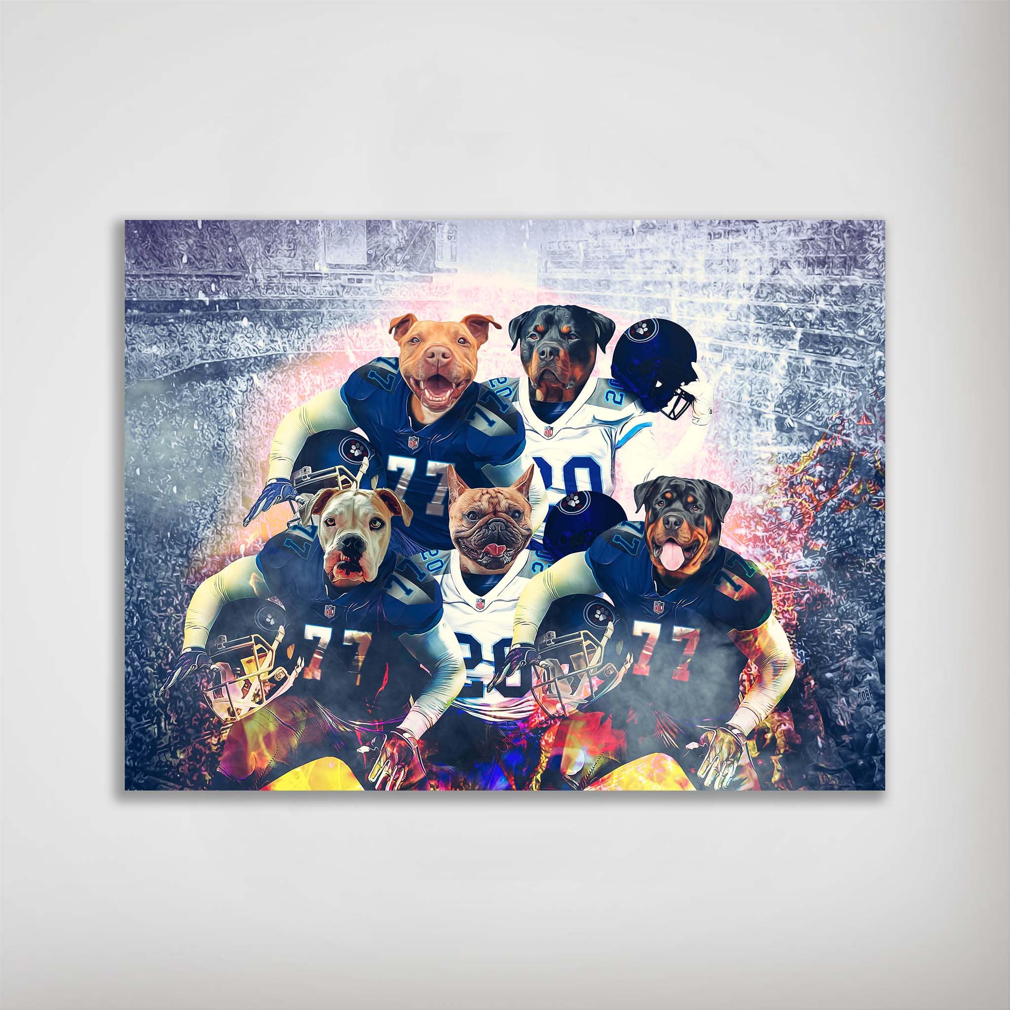Personalized 5-pet poster featuring dogs in blue and white football uniforms on a stadium background.