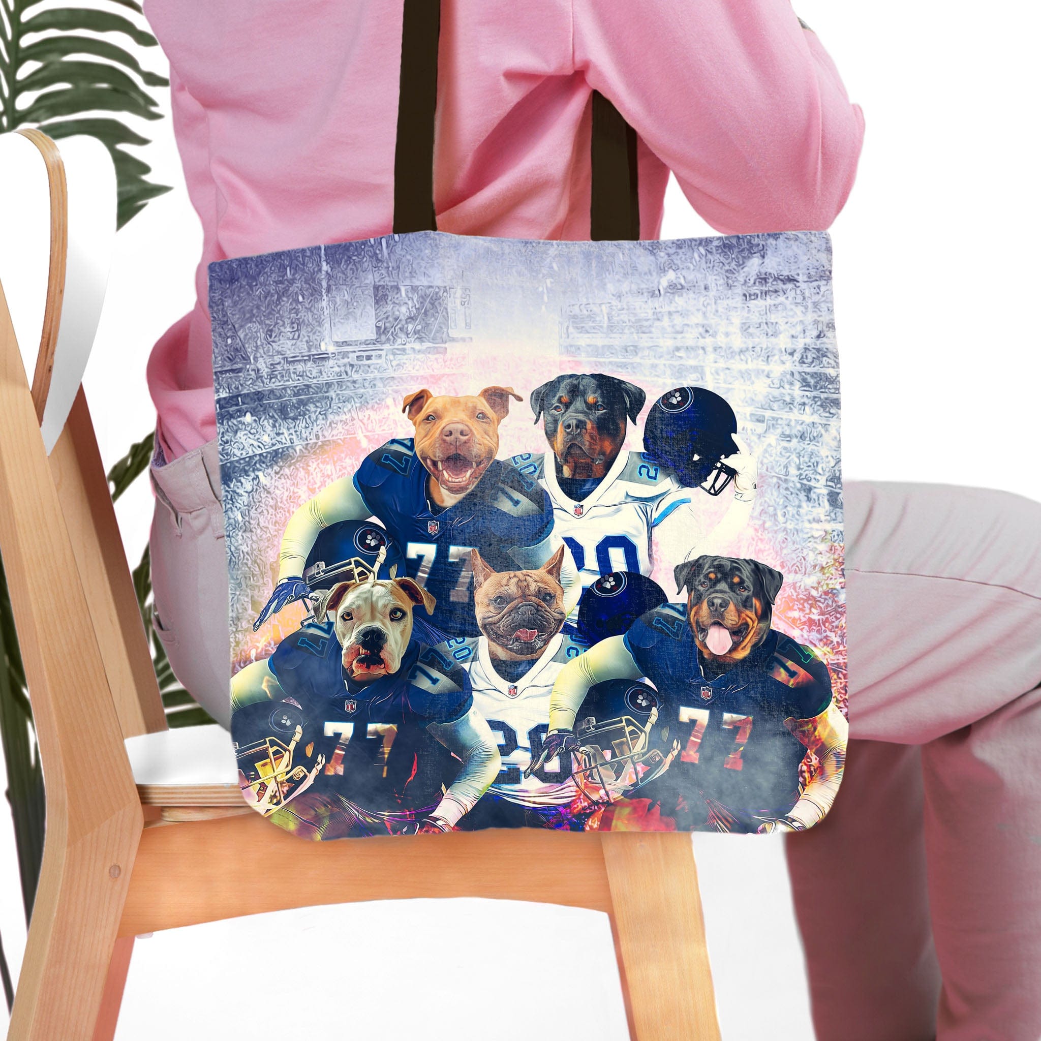 Personalized 5-pet football team portrait tote bag featuring various dog breeds.