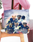 Personalized 5-pet football team portrait tote bag featuring various dog breeds.