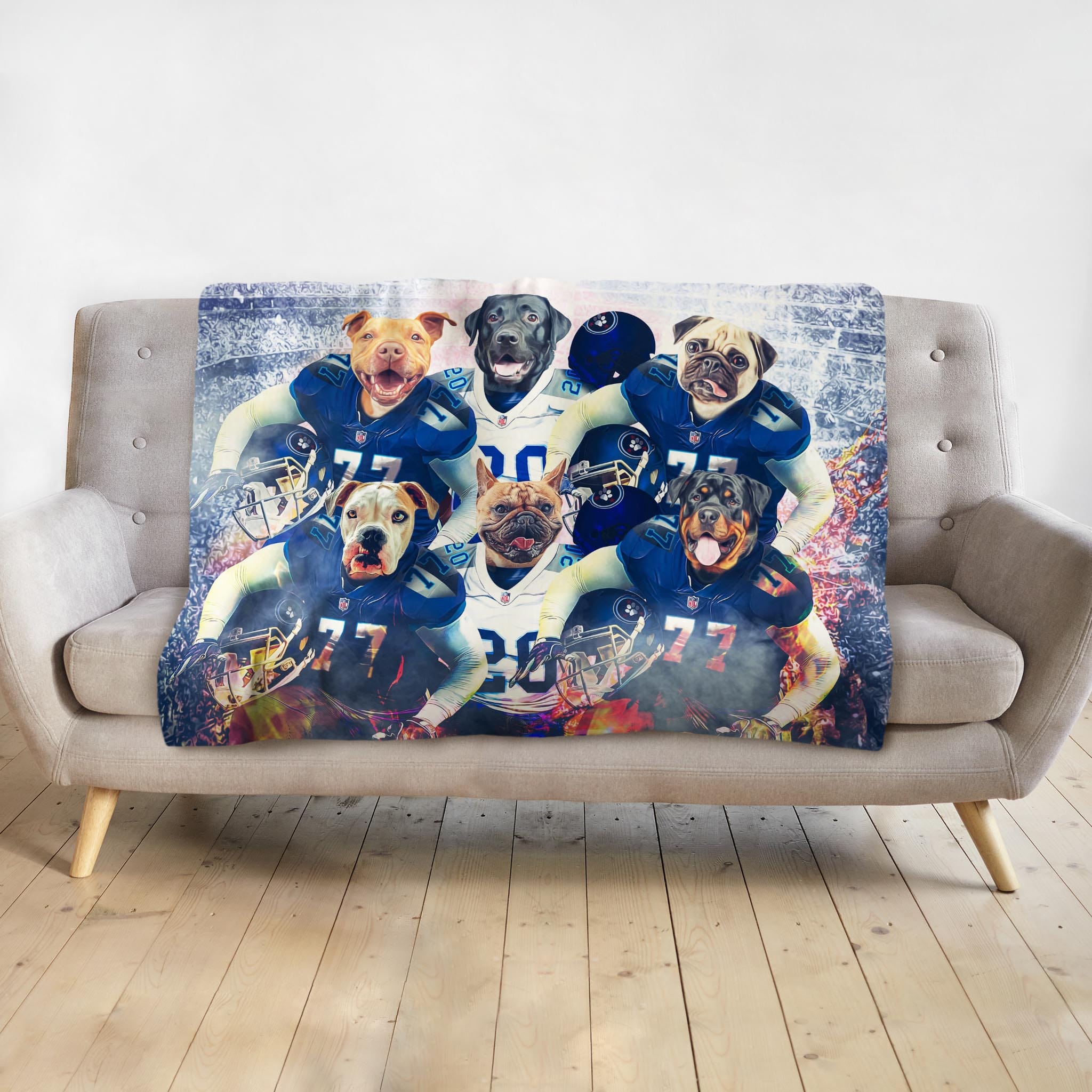 Personalized blanket with six dogs in blue football uniforms.
