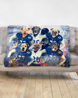 Personalized blanket with six dogs in blue football uniforms.