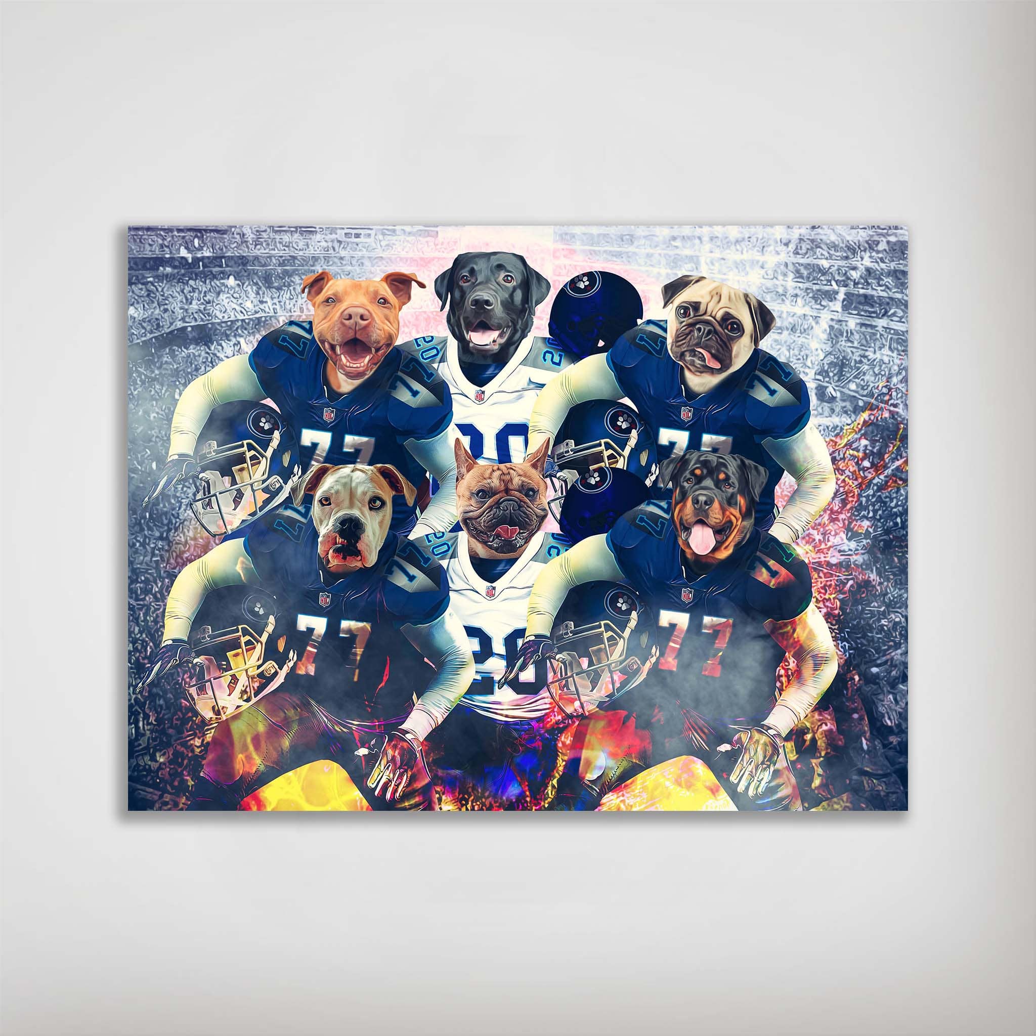Personalized matte poster featuring six pets as football players in blue and white uniforms.