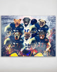 Personalized matte poster featuring six pets as football players in blue and white uniforms.