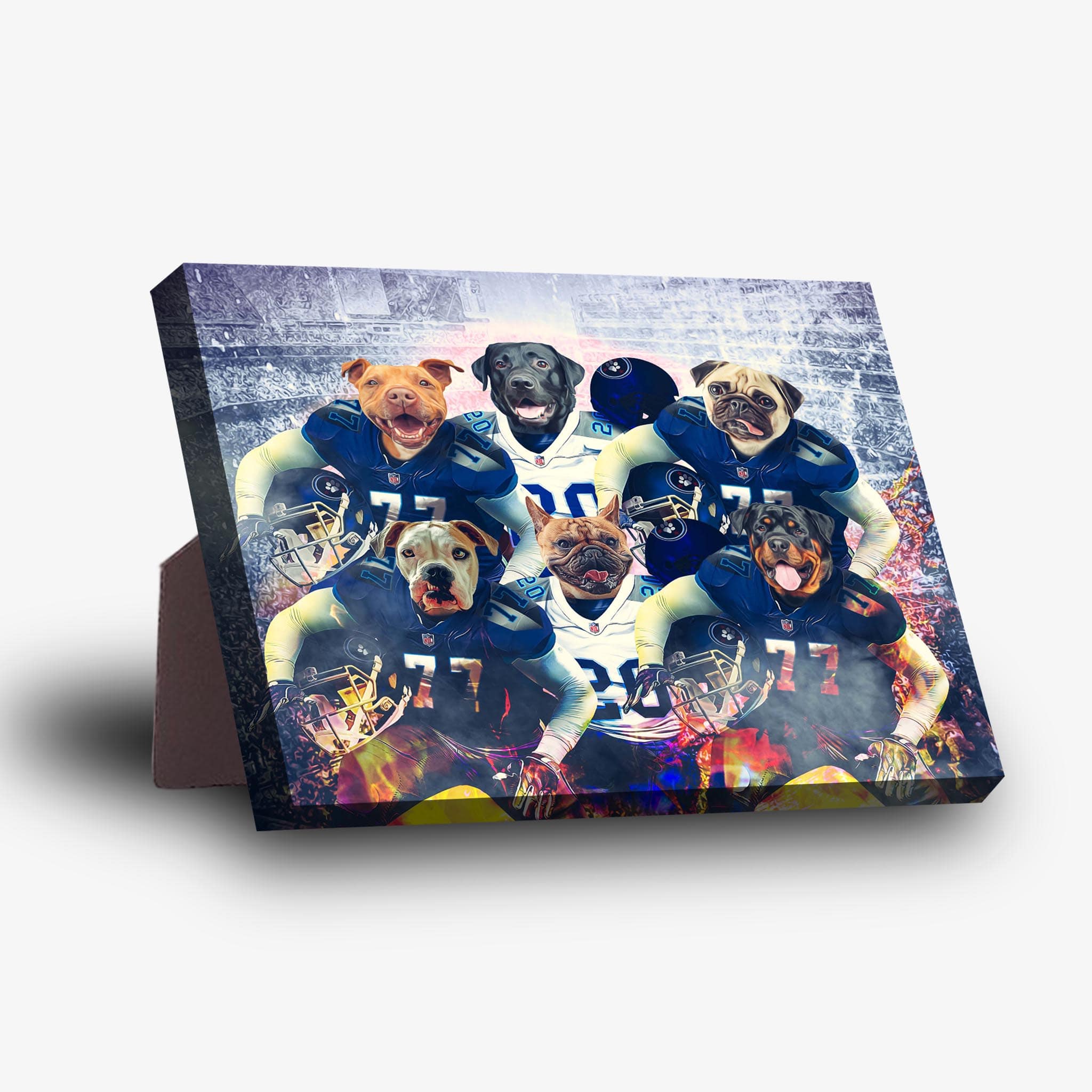 Personalized canvas featuring six dogs in blue and white football jerseys with a stadium background.